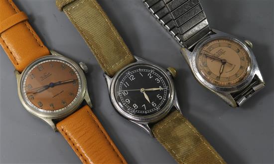 A stainless steel Bulova military manual wind wrist watch and two other wrist watches, Kelbert and Keora Super.
